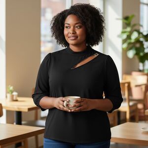 Women Stretchy Black Rhinestone Blouse Plus Size 2X Cut Out Pullover Mock Neck